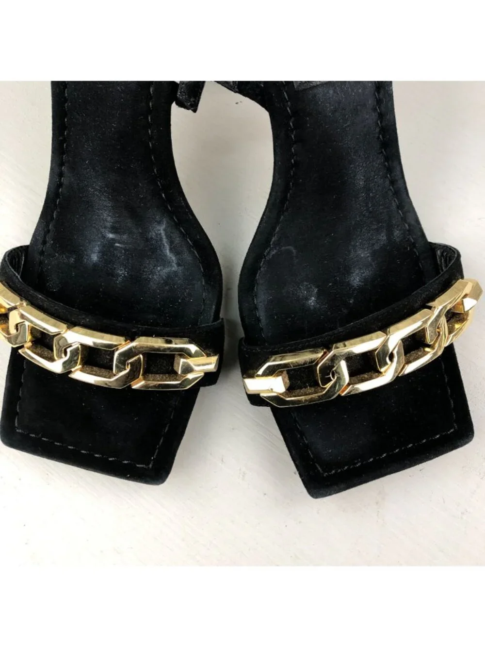 Good American Women' Size 9 Black Gold Chain Ankle Strap High Heel Sandals SPAIN